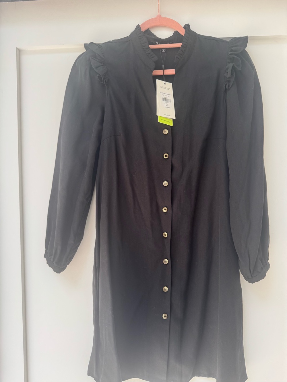 Whistles Black Long Sleeve Ruffled Button-Front Dress